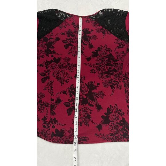 Carol Rose Floral Whimsigoth Burgundy Top W/ Black Lace Short Sleeve Womens XL - Picture 10 of 10